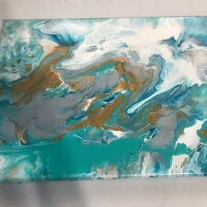 16 by 12 inch blue ocean themed acrylic pour painting.